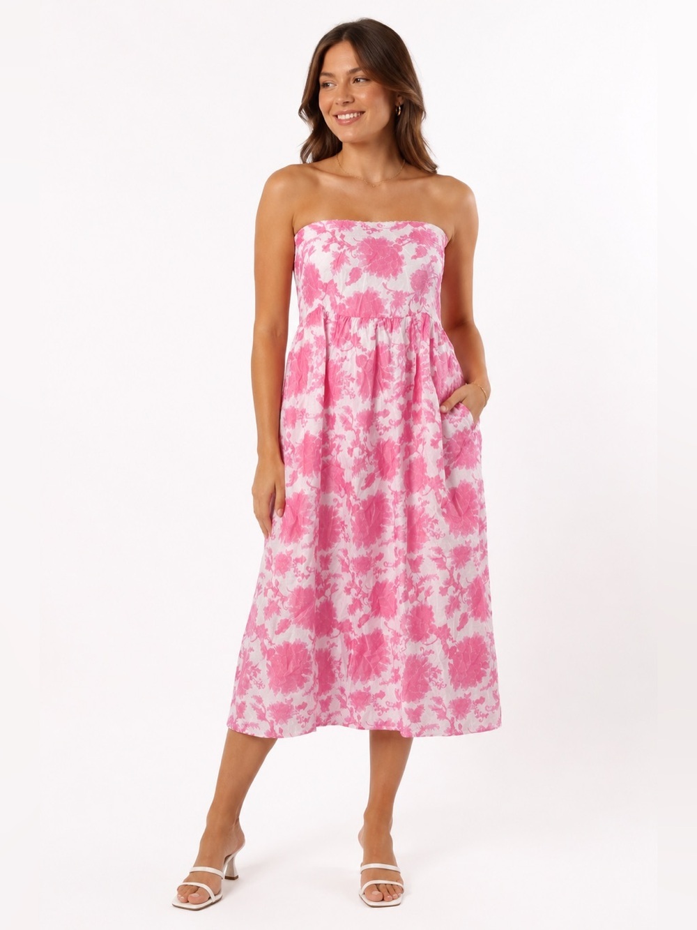 Petal + Pup Strapless Floral Midi Dress Pink & White